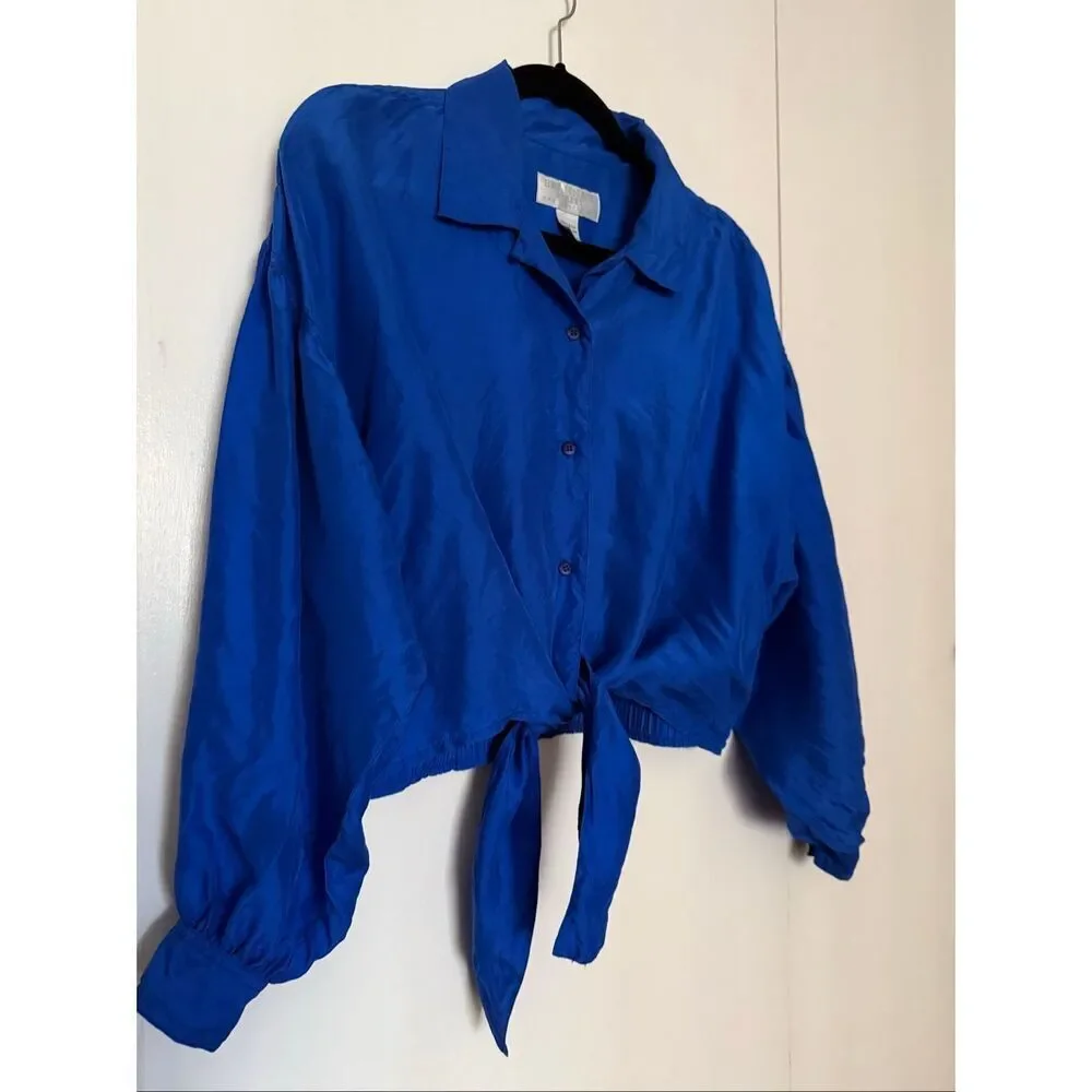 Brannan Street 100% Silk Tie Front Blouse Cobalt Blue Women’s Medium